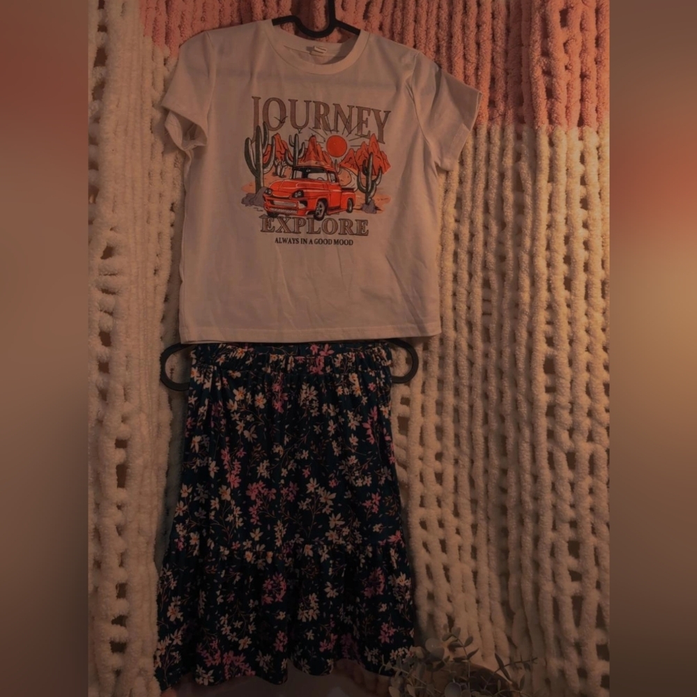 Kids White Graphic Tee and Floral Skirt Set